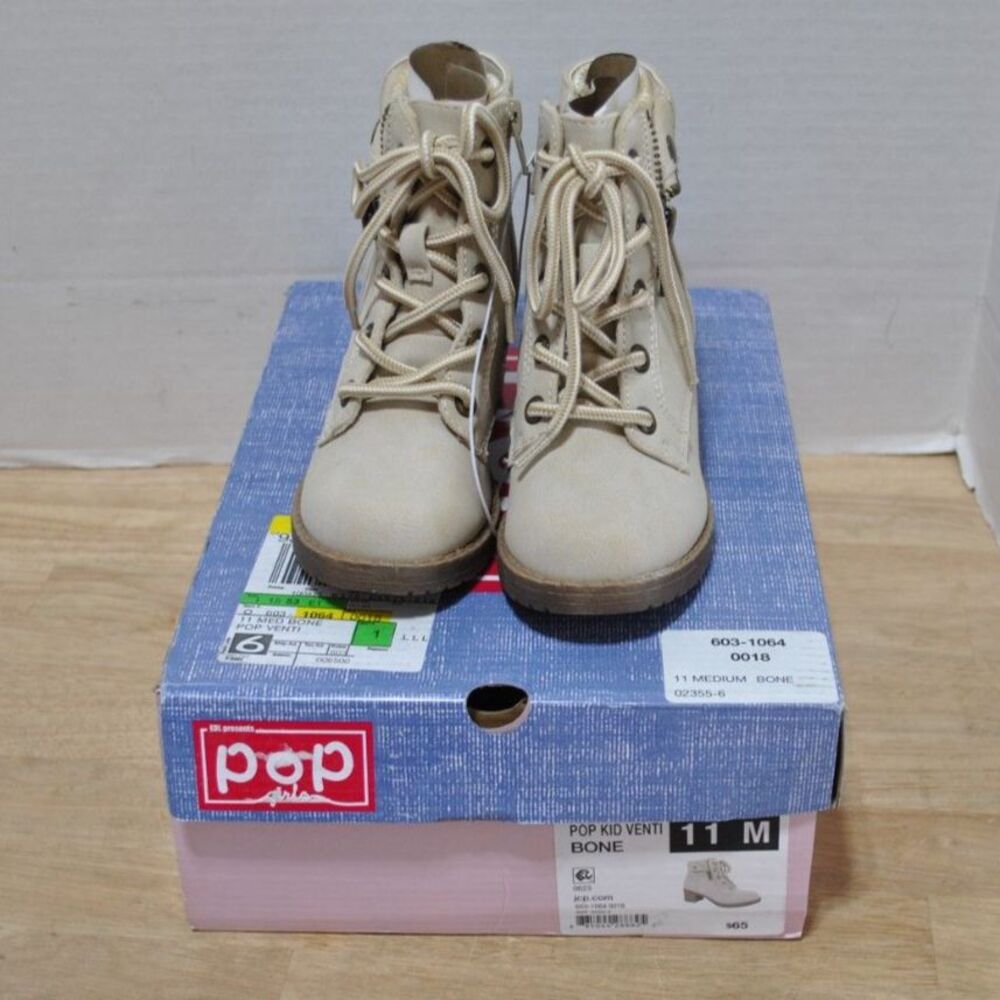 Pop Girl's Venti Block Heel Lace Up Boots Bone Color Size 11M